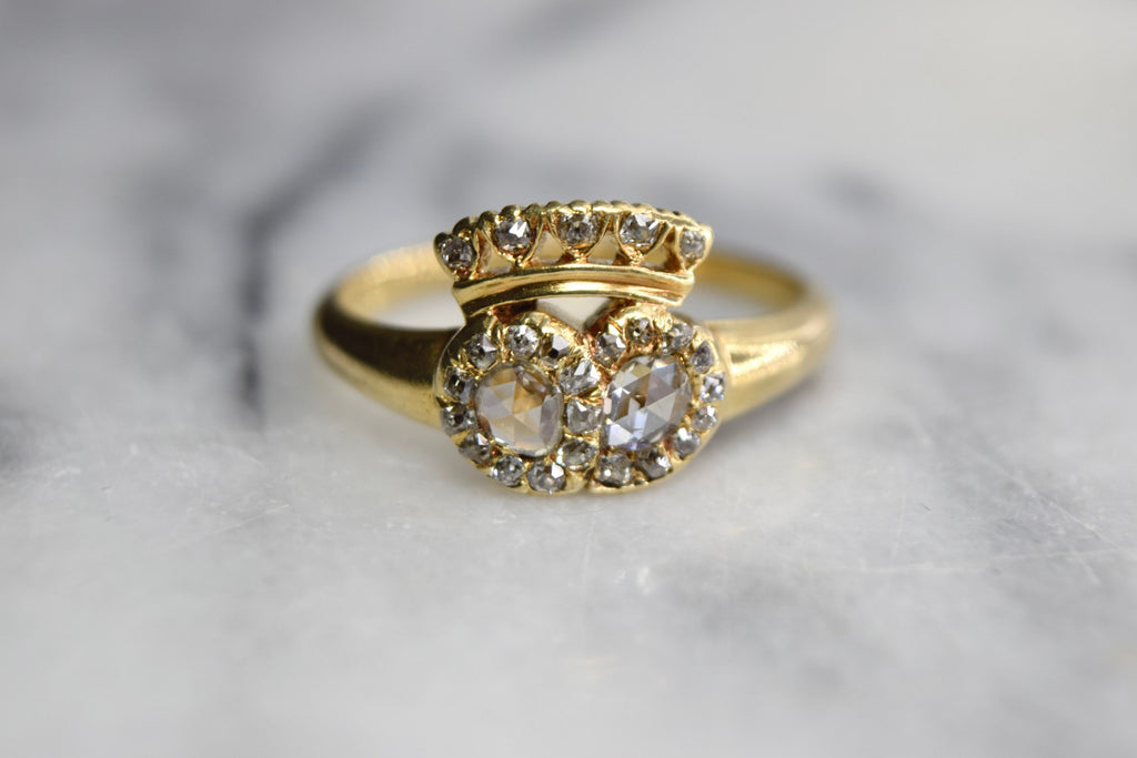 Antique Victorian Crowned Heart Diamond Ring 18k Gold with Rose Cut Diamonds