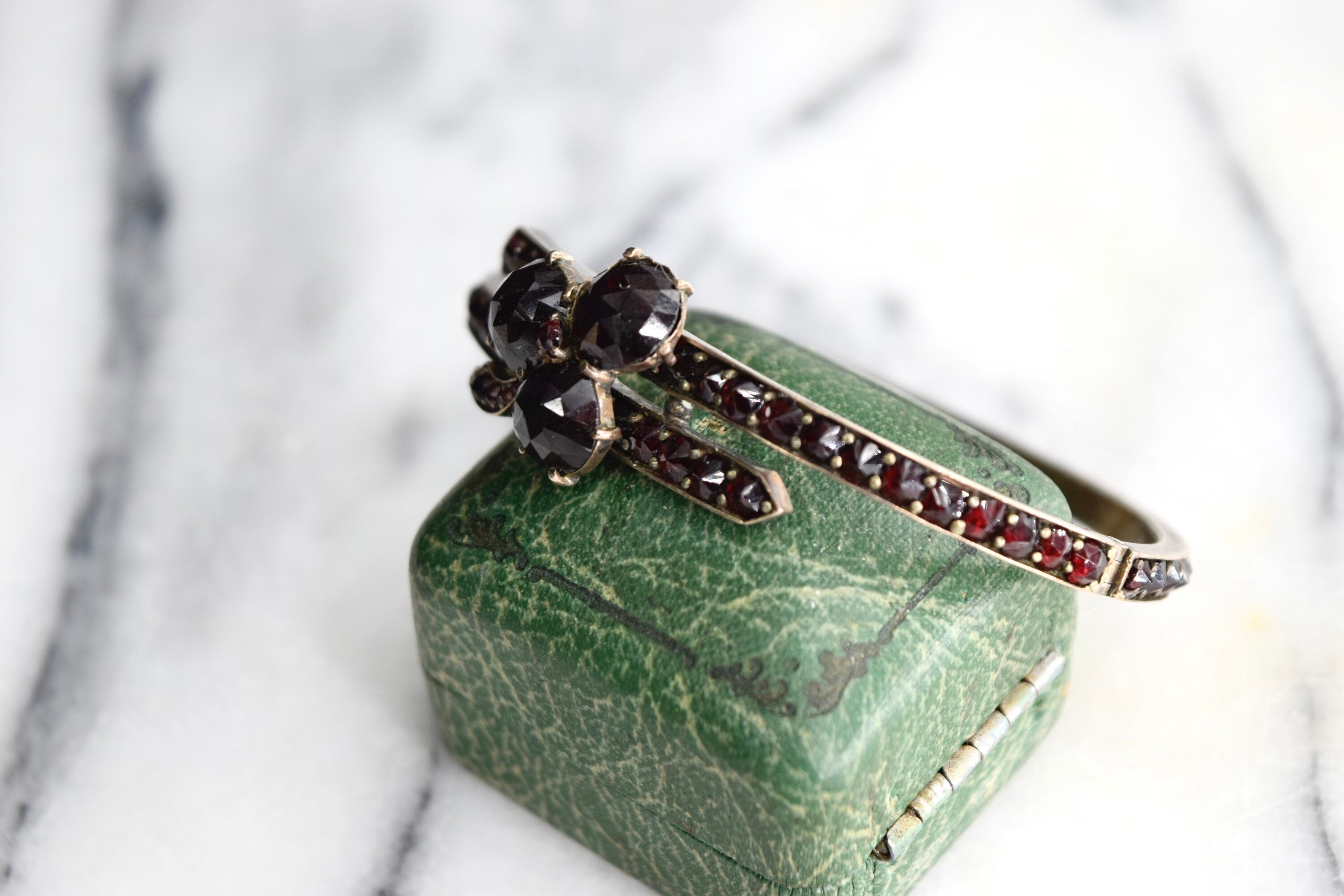 Antique Victorian Bohemian Garnet Three Leaf Clover Bracelet c.1880s