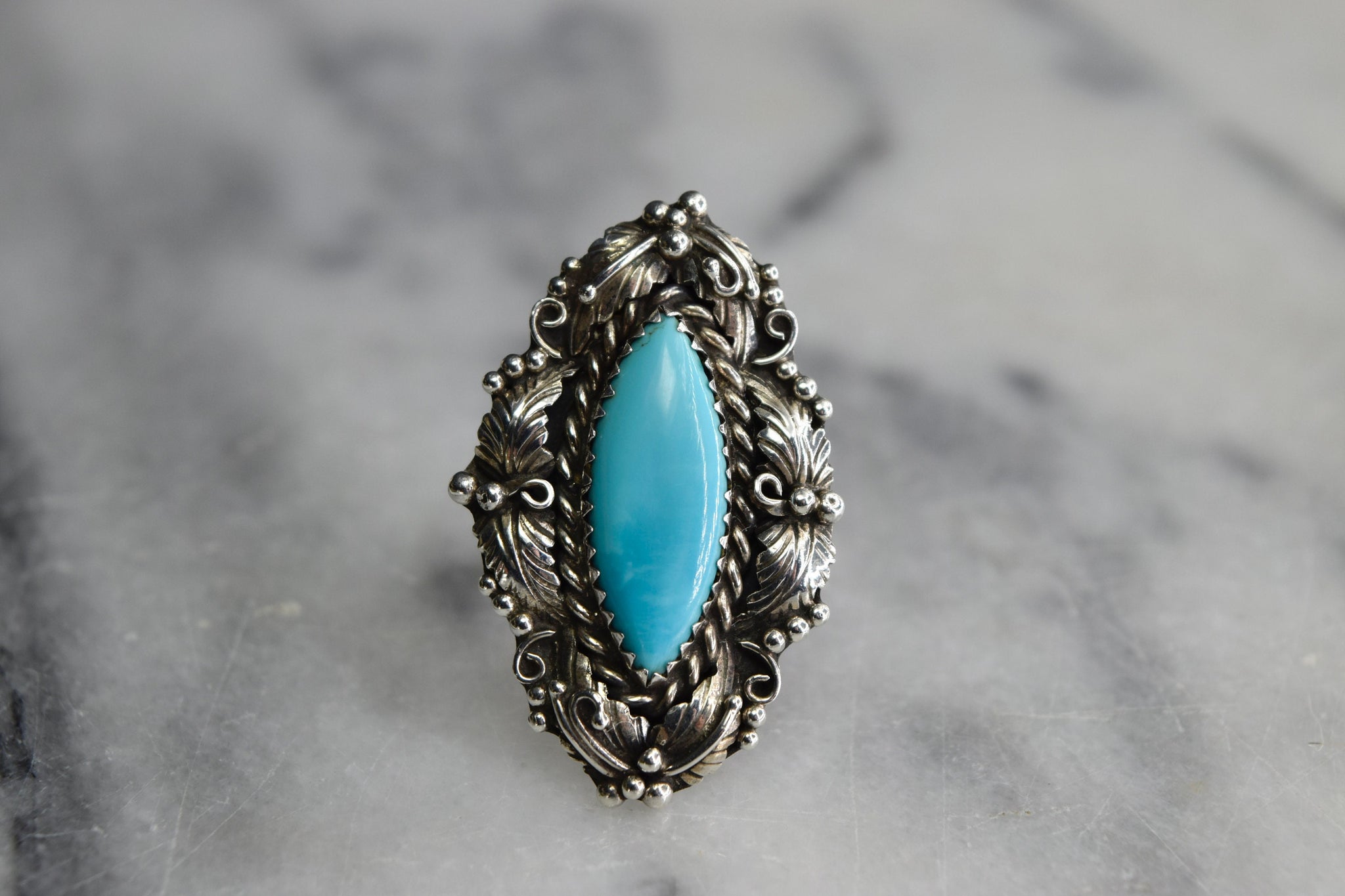 Vintage Native American Sterling Silver Turquoise Navette Ring