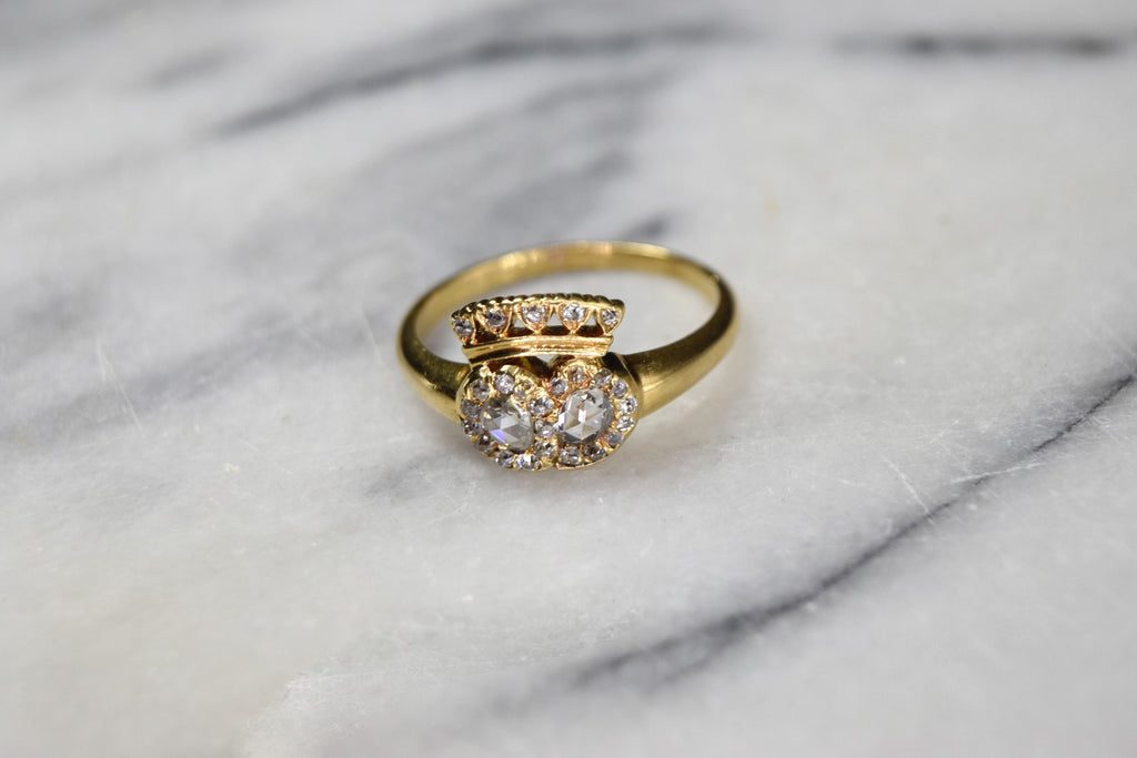 Antique Victorian Crowned Heart Diamond Ring 18k Gold with Rose Cut Diamonds