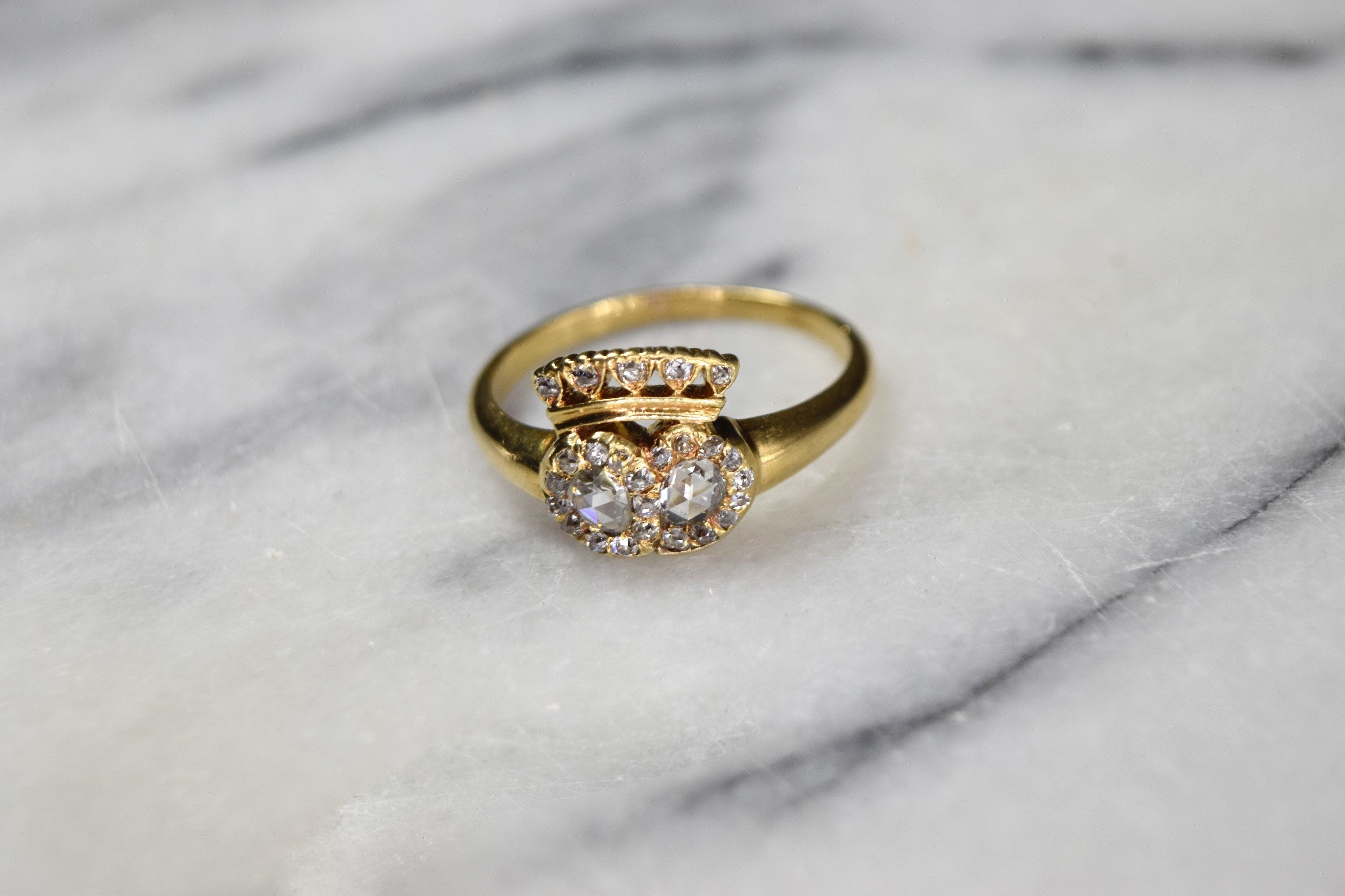 Antique Victorian Crowned Heart Diamond Ring 18k Gold with Rose Cut Diamonds