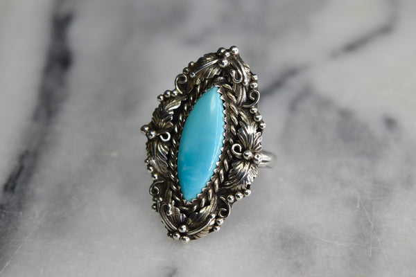 Vintage Native American Sterling Silver Turquoise Navette Ring