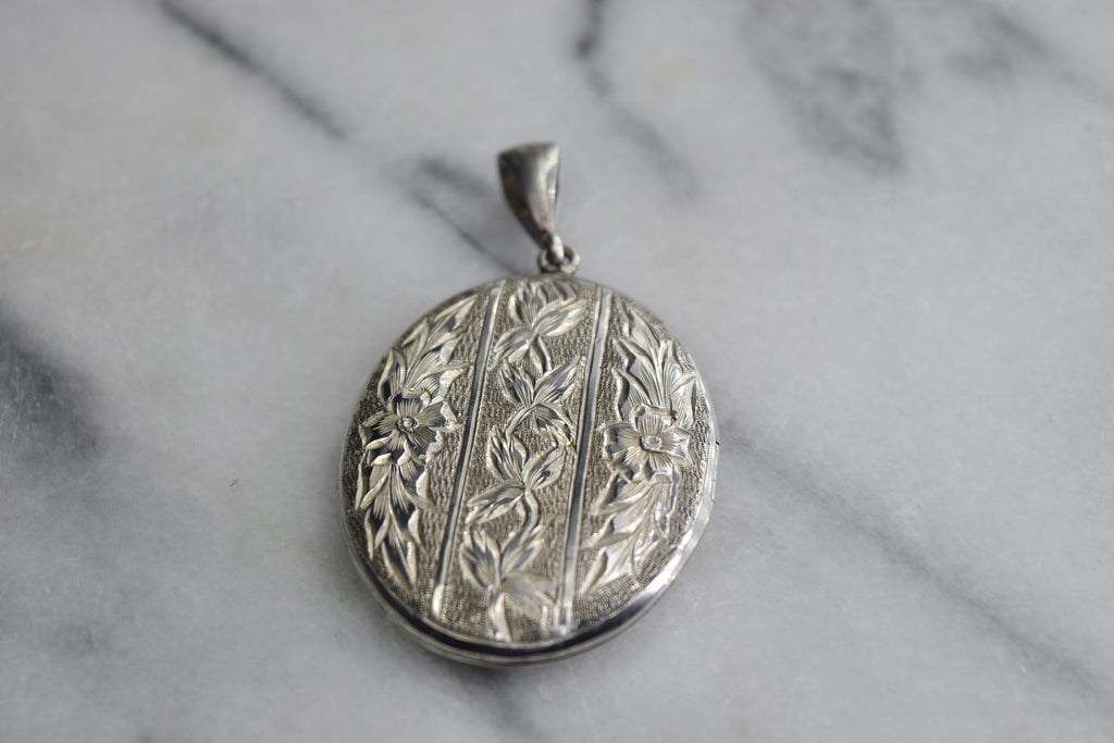 Antique Sterling Silver Locket with Engraved Flowers and Ivy