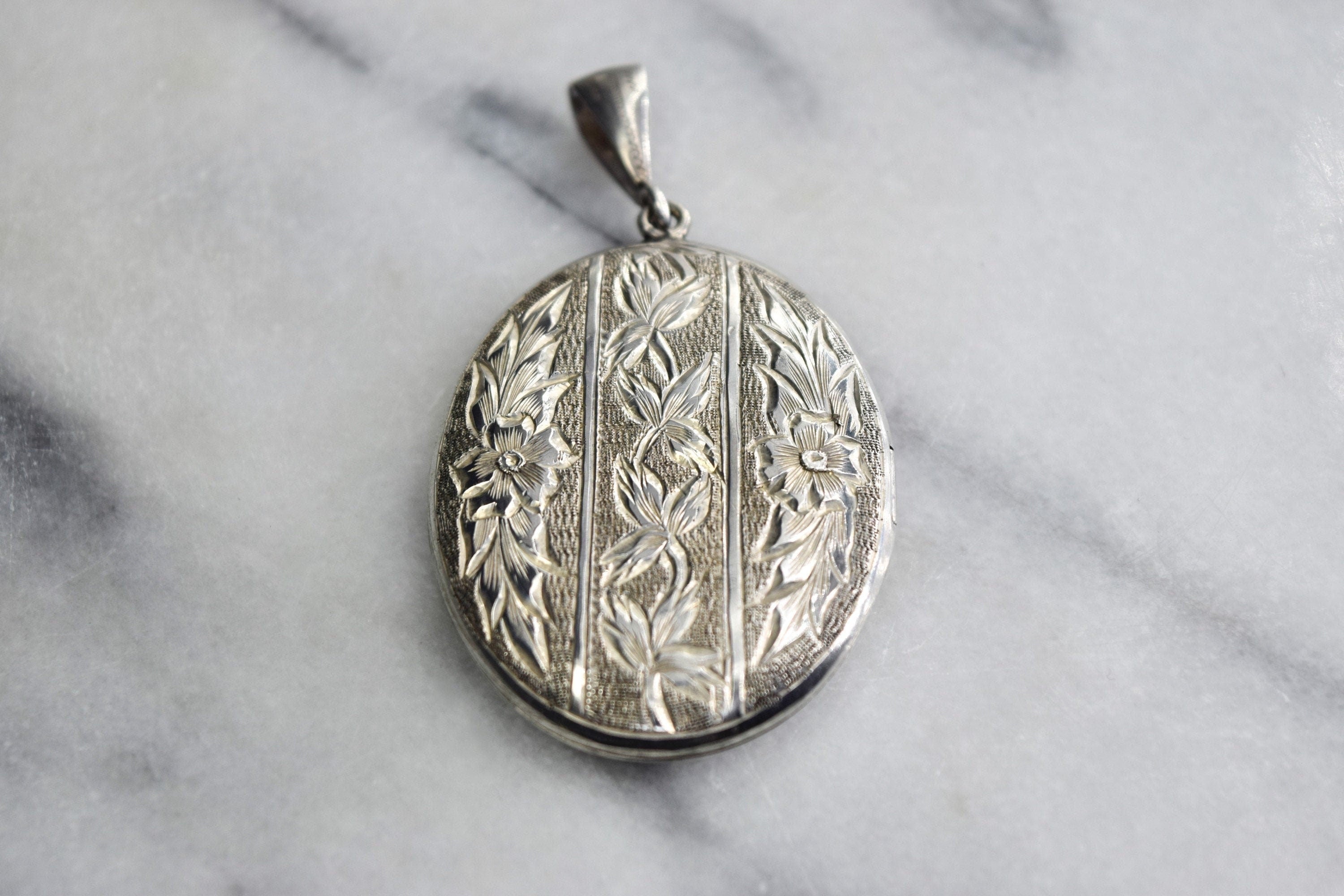 Antique Sterling Silver Locket with Engraved Flowers and Ivy