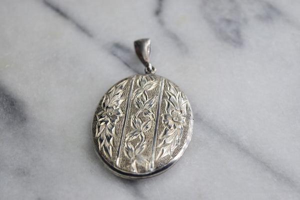 Antique Sterling Silver Locket with Engraved Flowers and Ivy