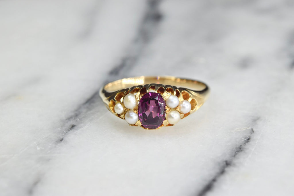 Antique Edwardian 18k Rhodolite Garnet and Pearl Ring