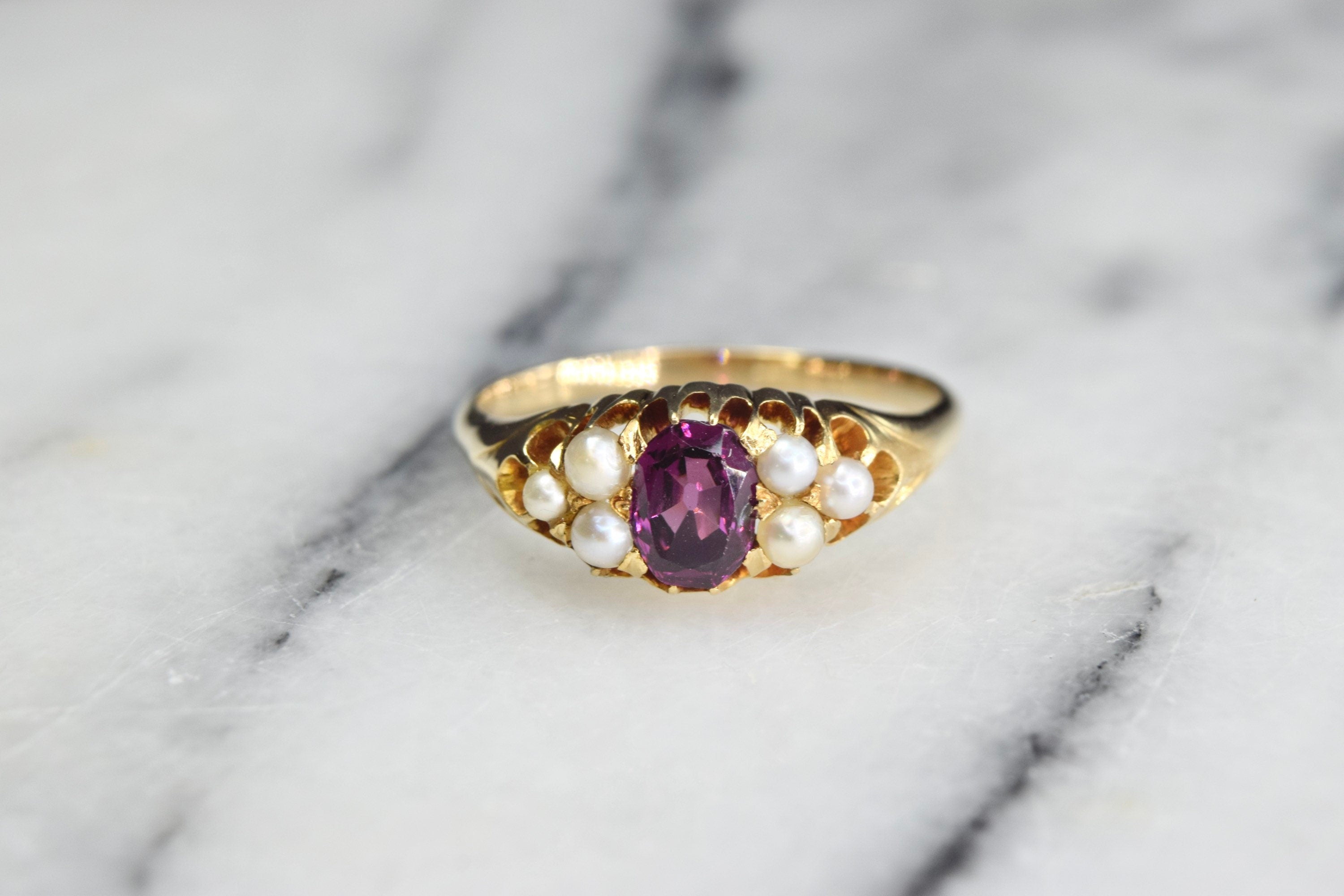 Antique Edwardian 18k Rhodolite Garnet and Pearl Ring