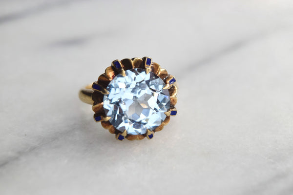 Vintage Mid-Century 14k Gold Ring with Synthetic Blue Spinel and Blue Enamel