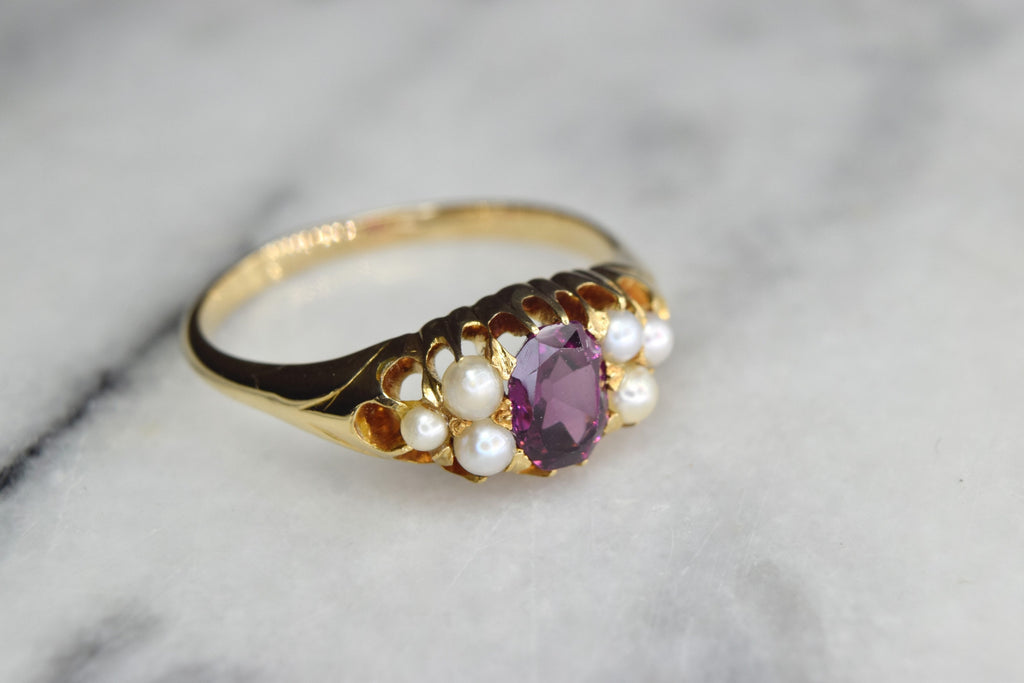 Antique Edwardian 18k Rhodolite Garnet and Pearl Ring