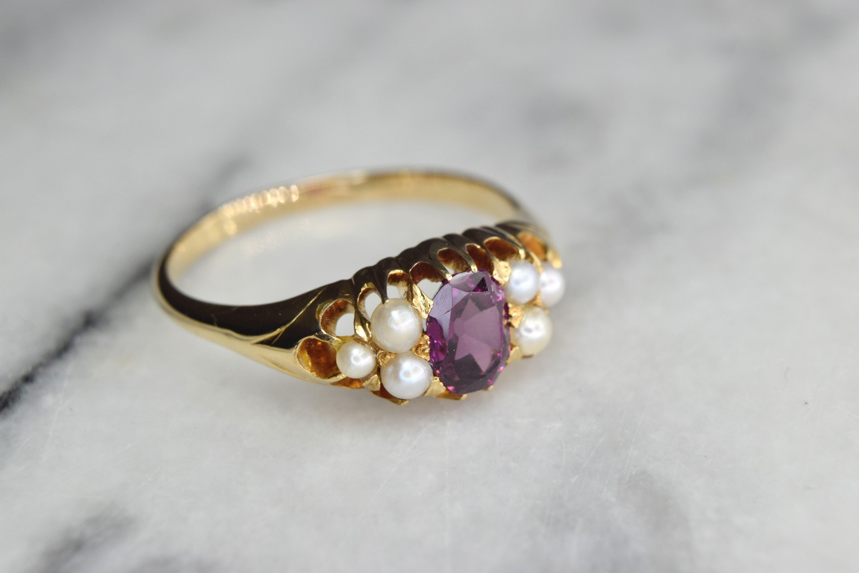 Antique Edwardian 18k Rhodolite Garnet and Pearl Ring