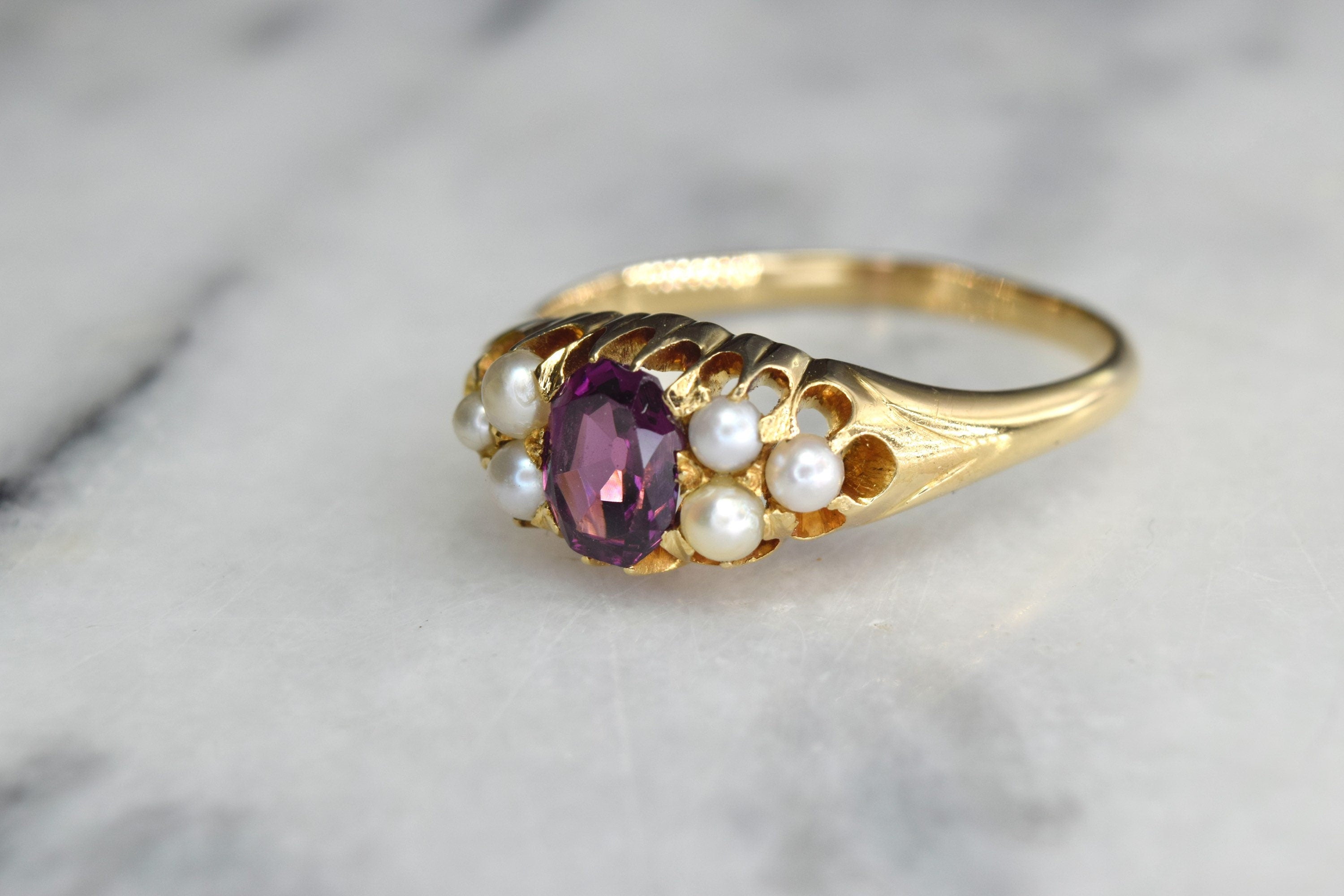 Antique Edwardian 18k Rhodolite Garnet and Pearl Ring