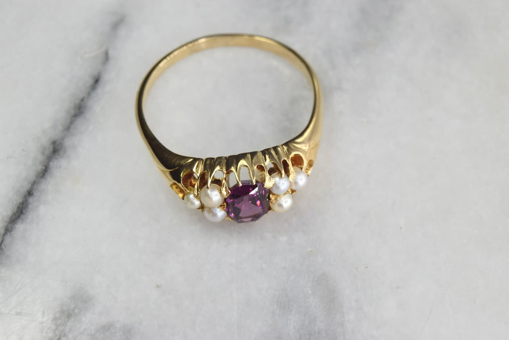 Antique Edwardian 18k Rhodolite Garnet and Pearl Ring