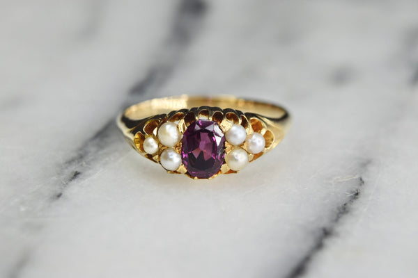 Antique Edwardian 18k Rhodolite Garnet and Pearl Ring