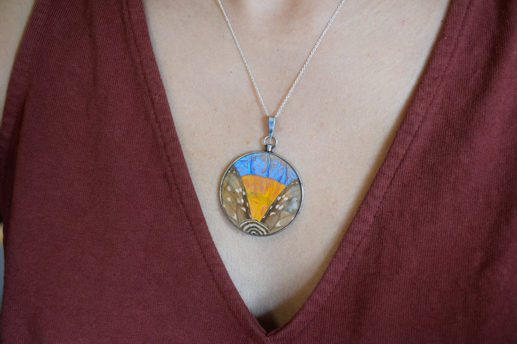 Antique Morpho Butterfly Wing Pendant Rare Large Size Sterling Silver