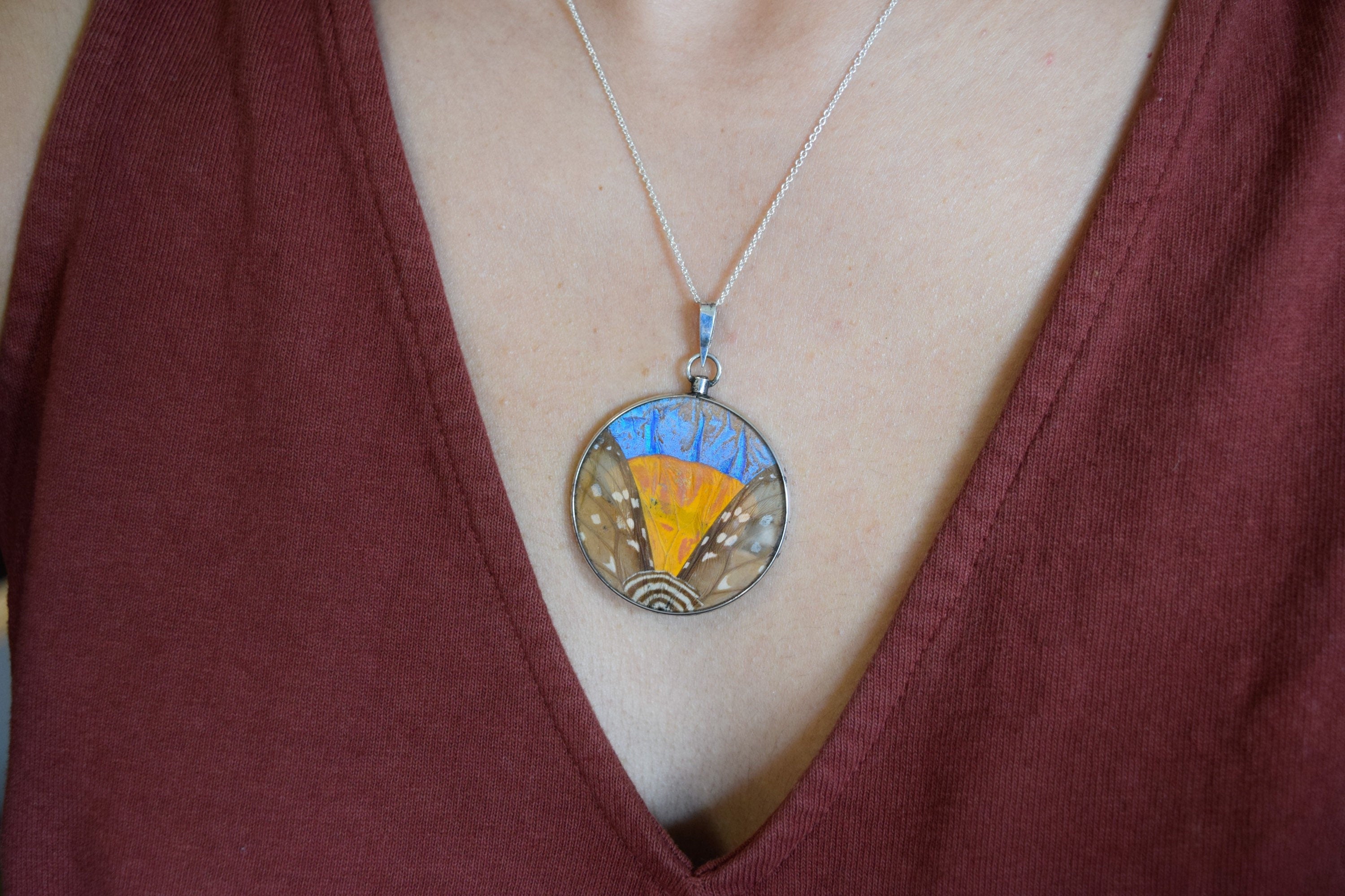 Antique Morpho Butterfly Wing Pendant Rare Large Size Sterling Silver