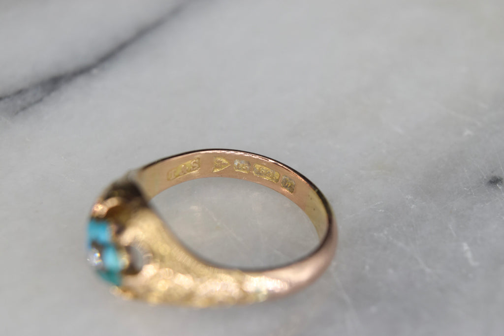 Antique 15k Gold Ring With Turquoise and Rose Cut Diamond Hallmarked Chester 1921