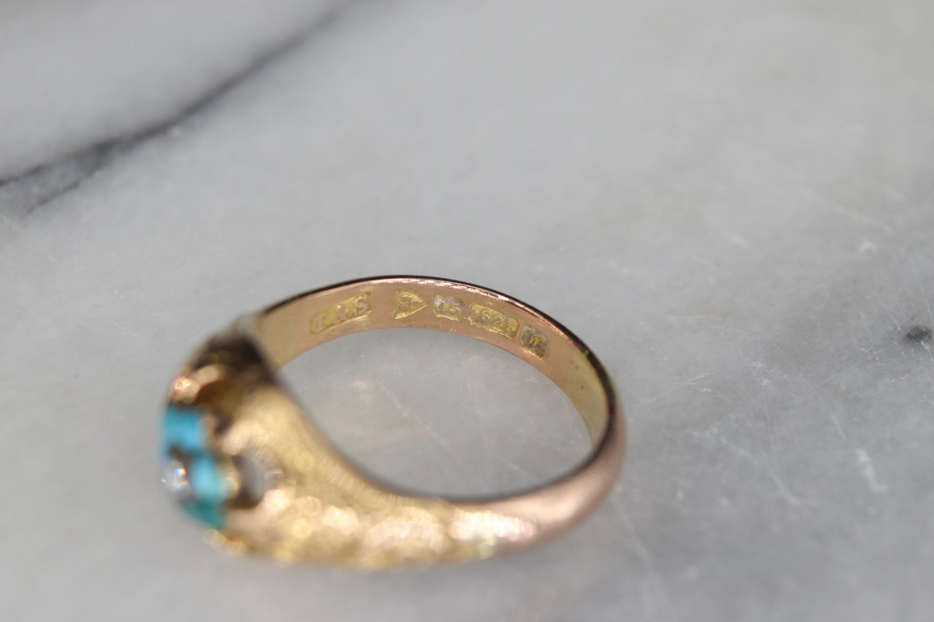 Antique 15k Gold Ring With Turquoise and Rose Cut Diamond Hallmarked Chester 1921