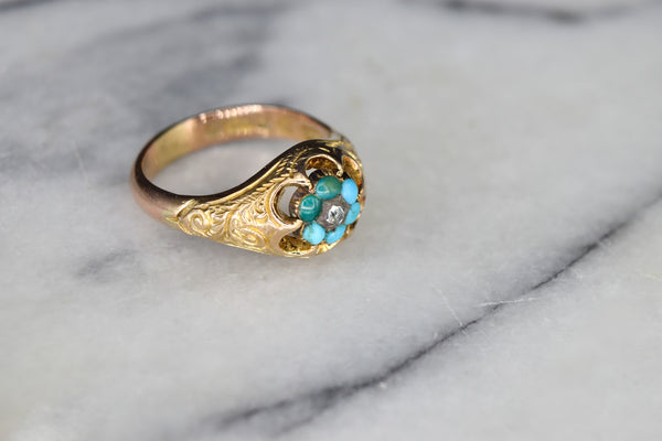 Antique 15k Gold Ring With Turquoise and Rose Cut Diamond Hallmarked Chester 1921
