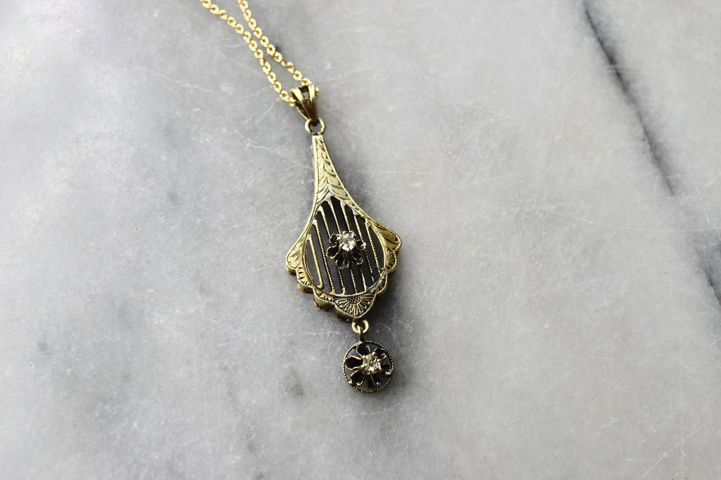 Antique 14k Gold Lavaliere with Old Mine Cut Diamonds c.1900