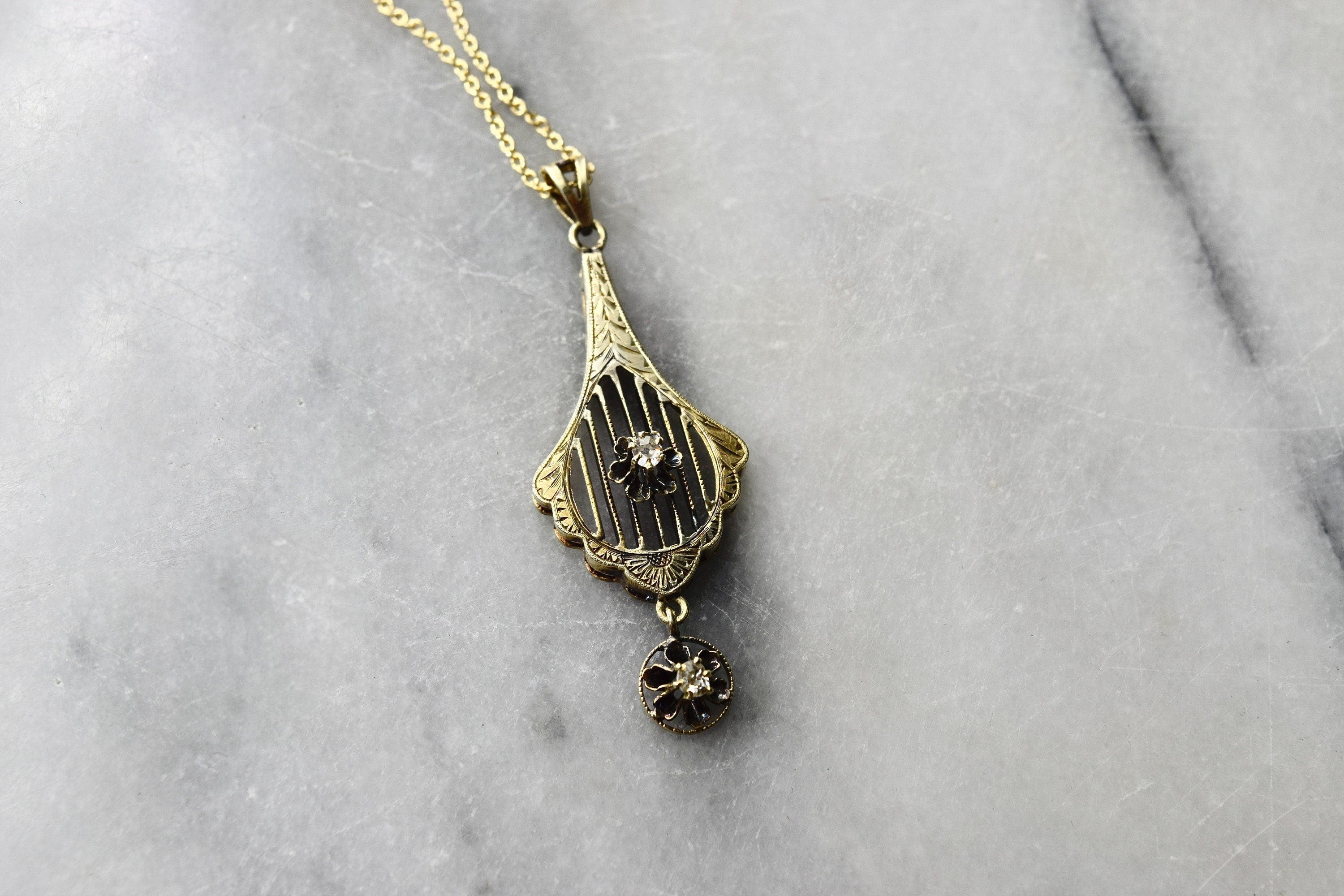 Antique 14k Gold Lavaliere with Old Mine Cut Diamonds c.1900