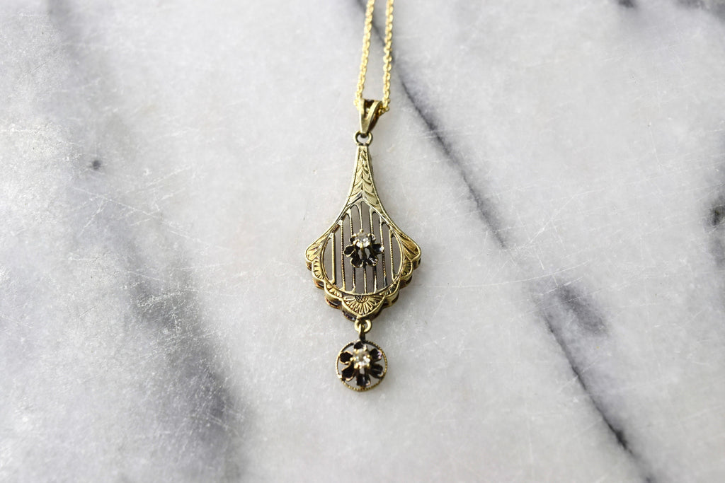Antique 14k Gold Lavaliere with Old Mine Cut Diamonds c.1900