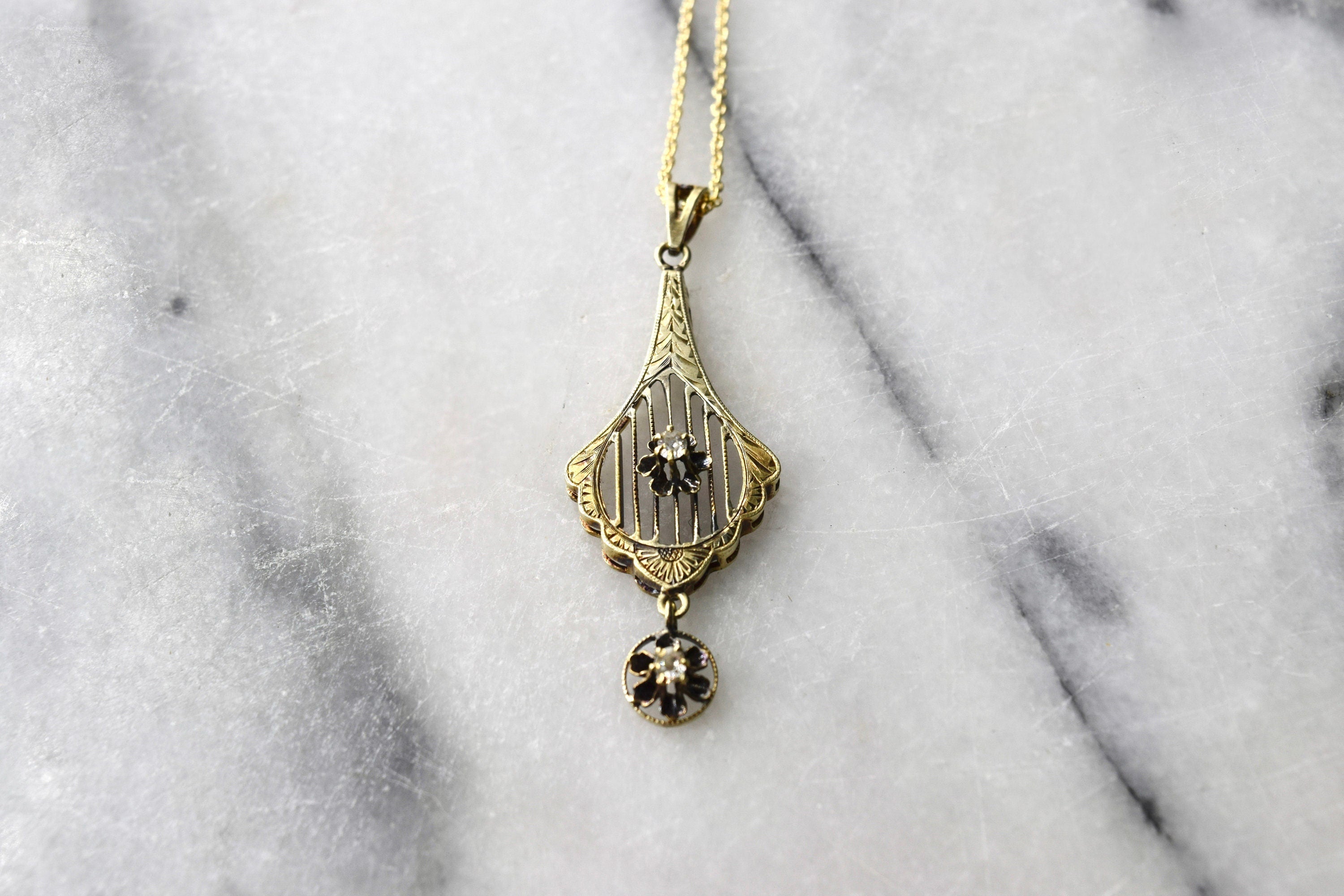 Antique 14k Gold Lavaliere with Old Mine Cut Diamonds c.1900