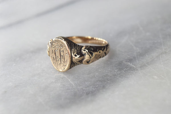 Antique 14k Gold Signet Ring With Woman’s Figure Monogram Signet Ring