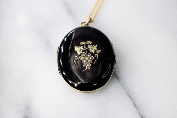 Antique 14k Gold Grape Locket with Enamel and Seed Peals c.1880s