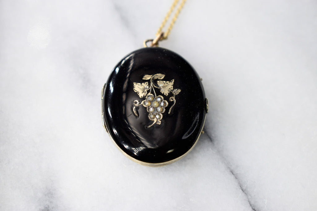 Antique 14k Gold Grape Locket with Enamel and Seed Peals c.1880s