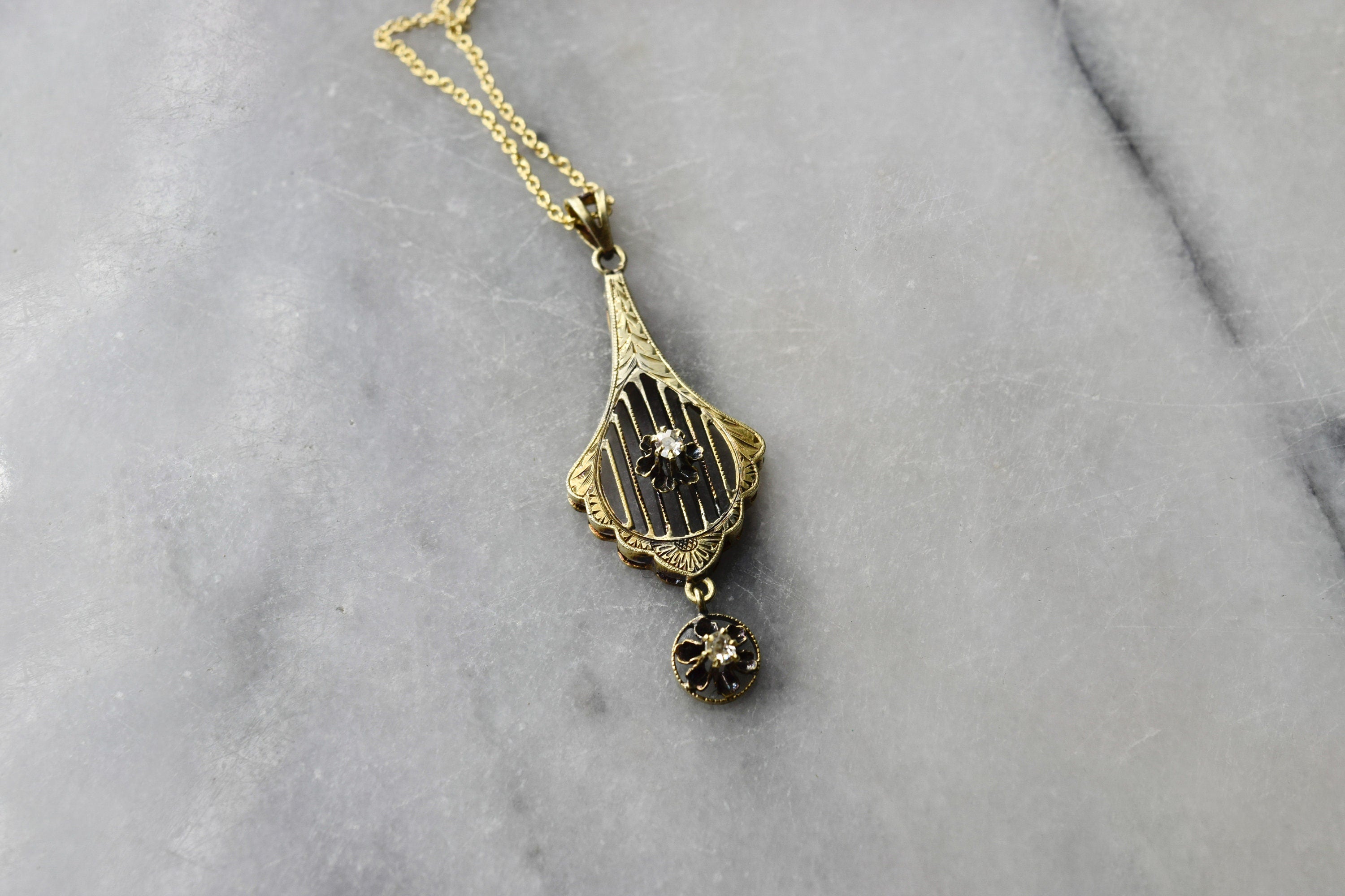 Antique 14k Gold Lavaliere with Old Mine Cut Diamonds c.1900
