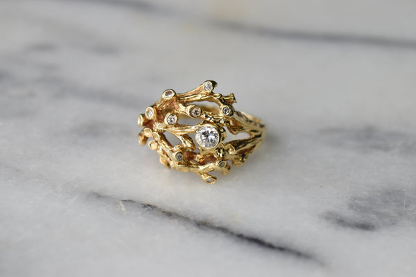 Vintage 14k Gold Brutalist Twig Motif Ring With Diamonds c.1960s