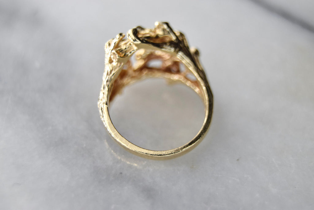 Vintage 14k Gold Brutalist Twig Motif Ring With Diamonds c.1960s