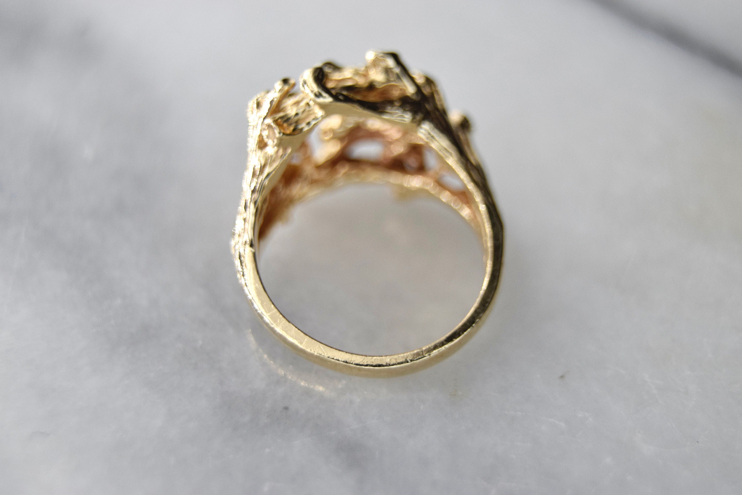 Vintage 14k Gold Brutalist Twig Motif Ring With Diamonds c.1960s