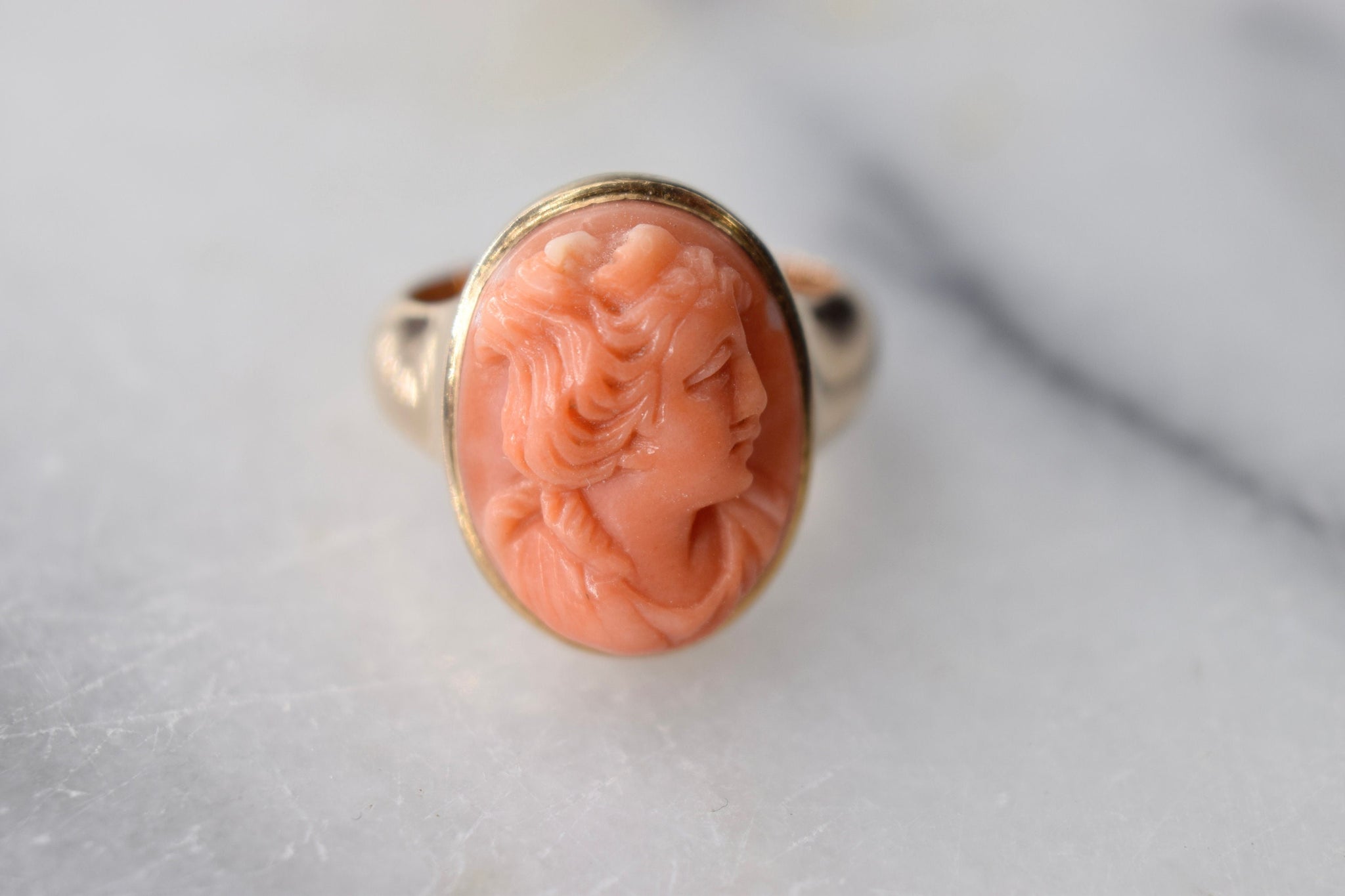 Antique Victorian 14k Gold Ring with Carved Coral Cameo C.1880s