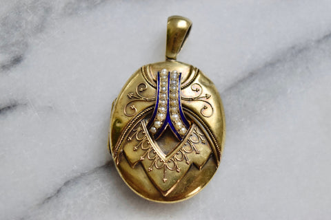 Antique Victorian 14k Gold Etruscan Revival Locket with Blue Enamel and Seed Pearls