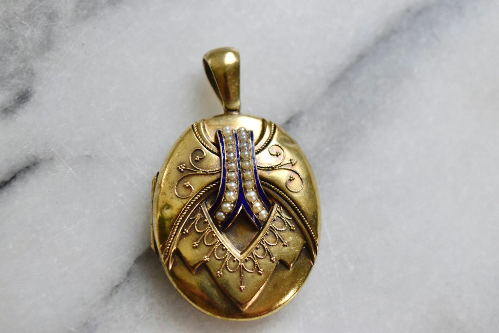 Antique Victorian 14k Gold Etruscan Revival Locket with Blue Enamel and Seed Pearls