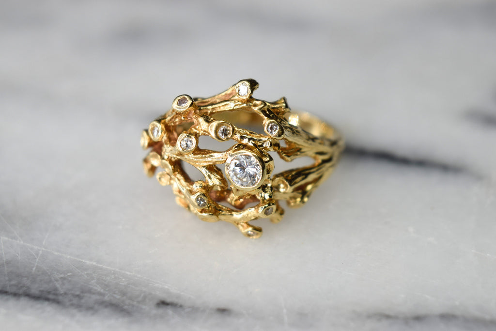 Vintage 14k Gold Brutalist Twig Motif Ring With Diamonds c.1960s