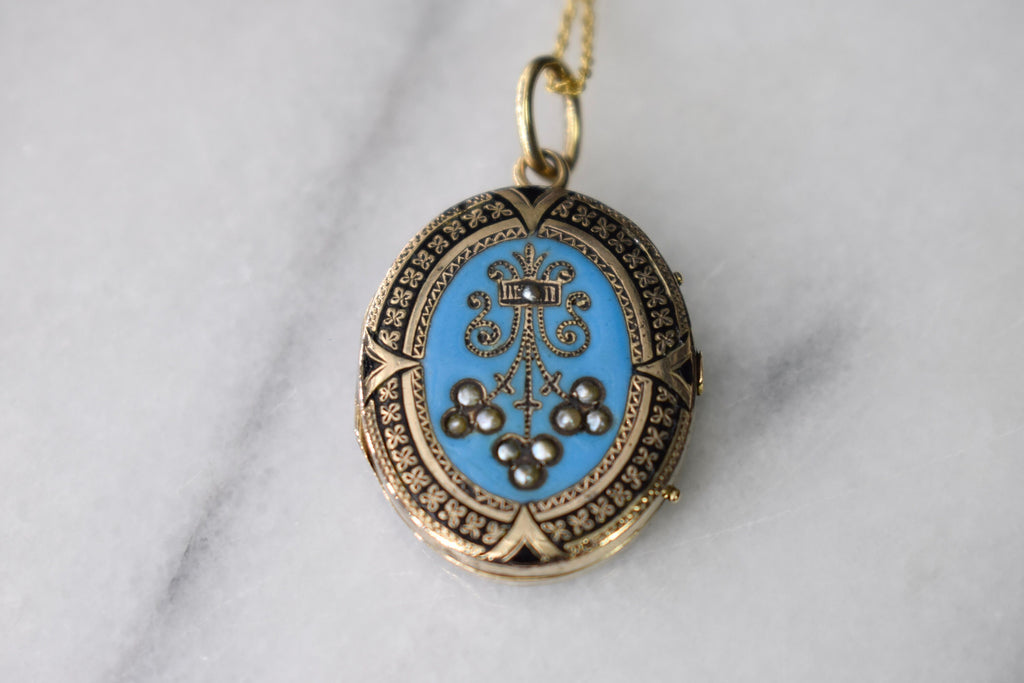 Antique Victorian 14k Gold Enamel and Seed Pearl Locket