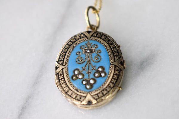 Antique Victorian 14k Gold Enamel and Seed Pearl Locket