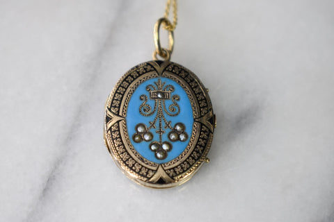 Antique Victorian 14k Gold Enamel and Seed Pearl Locket