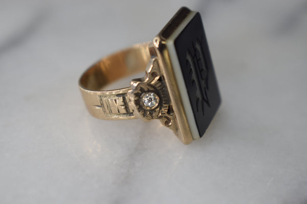 ON HOLD- Antique 14k Gold and Onyx Signet Ring with Old Mine Cut Diamonds
