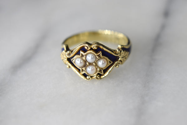 Antique 14k Gold Ring with Blue Enamel and Pearls c.1880s