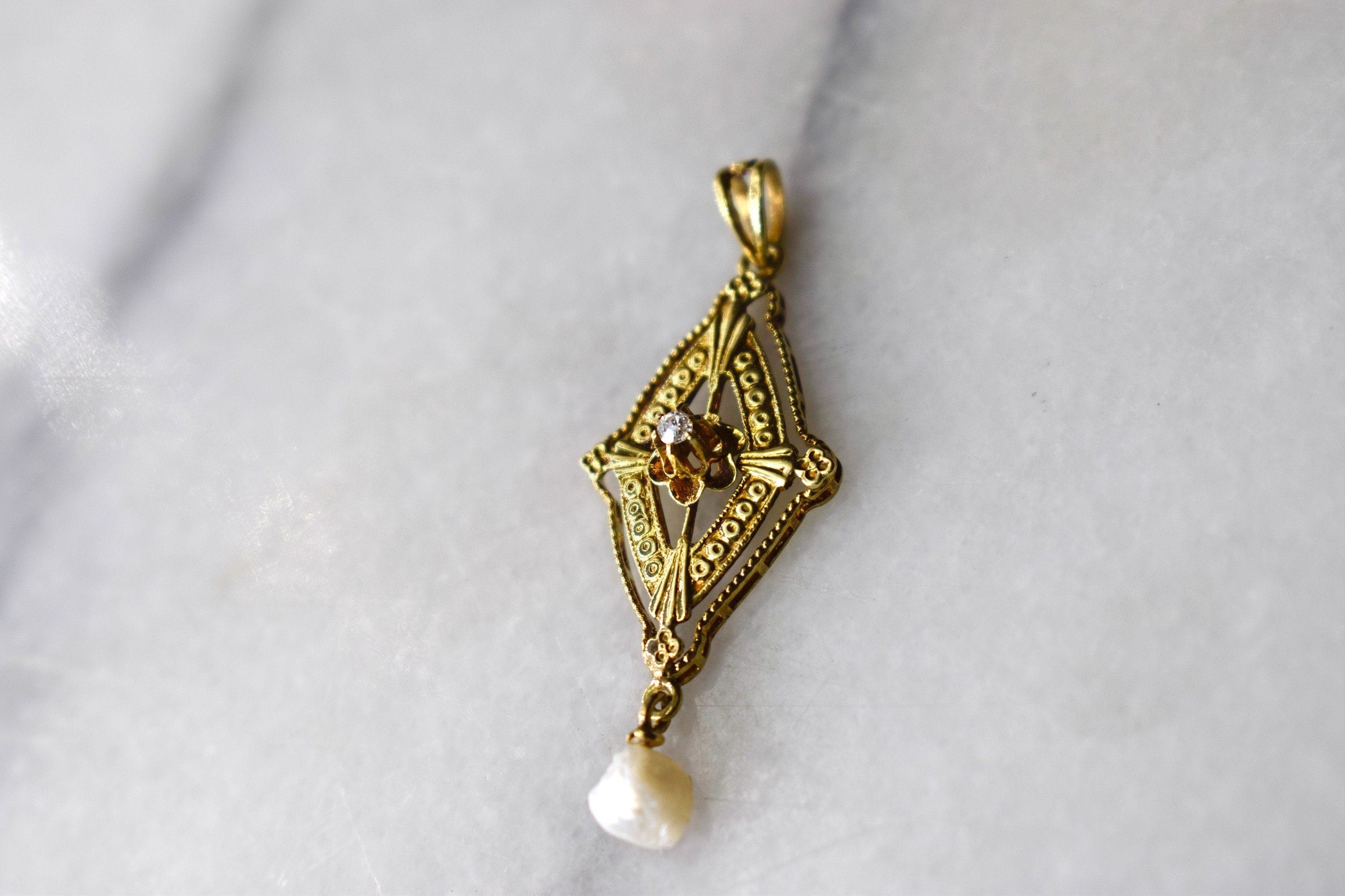 Antique Edwardian 14k Gold Lavaliere Charm with Diamond and Pearl