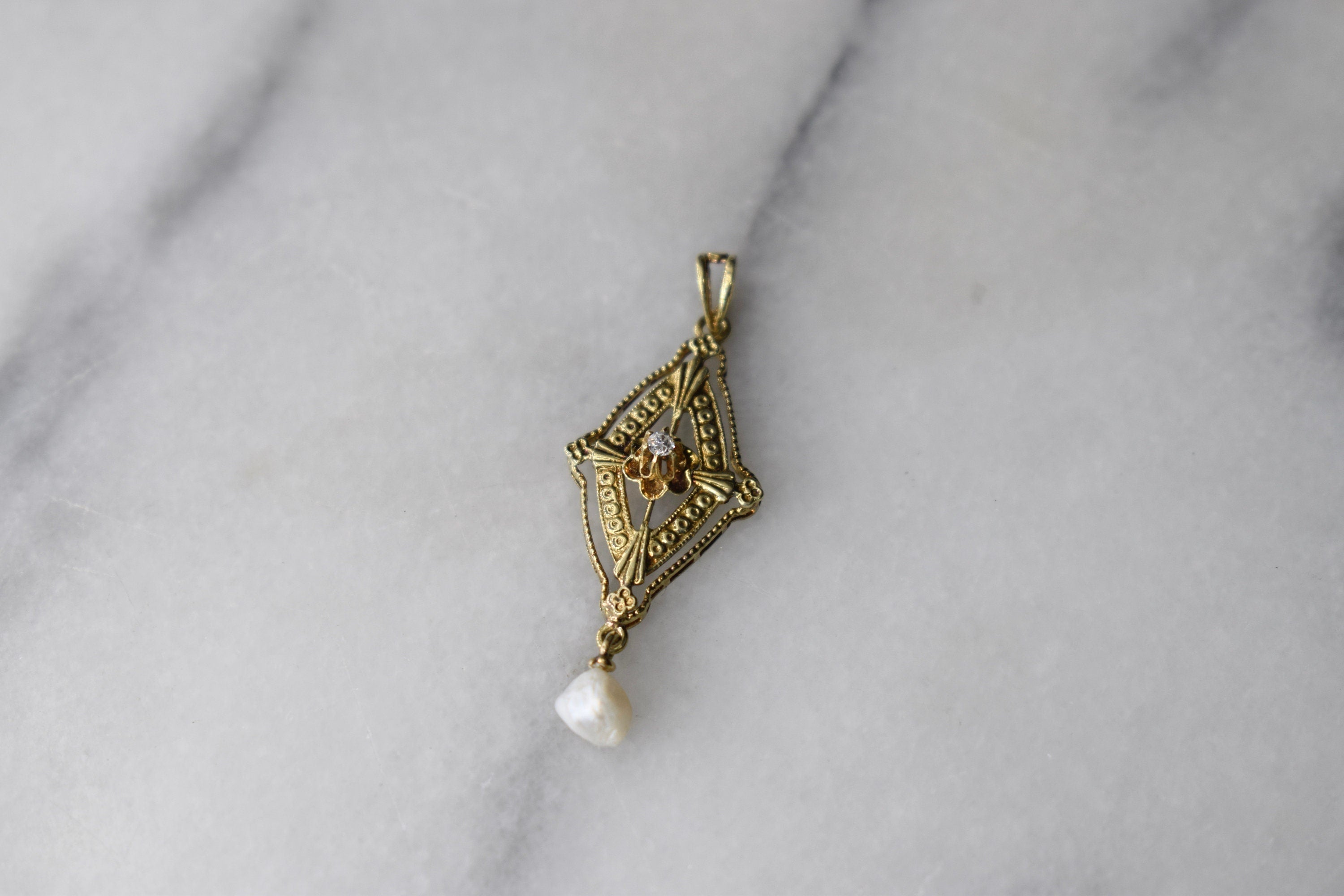 Antique Edwardian 14k Gold Lavaliere Charm with Diamond and Pearl
