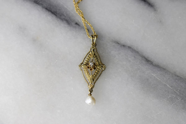 Antique Edwardian 14k Gold Lavaliere Charm with Diamond and Pearl