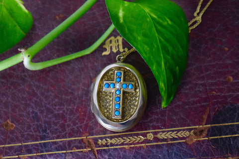 Antique 10k Gold Locket with Turquoise and Pearl Cross