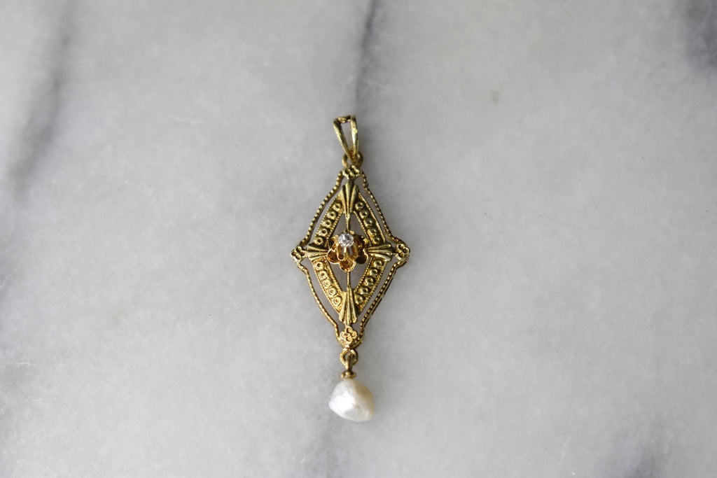 Antique Edwardian 14k Gold Lavaliere Charm with Diamond and Pearl