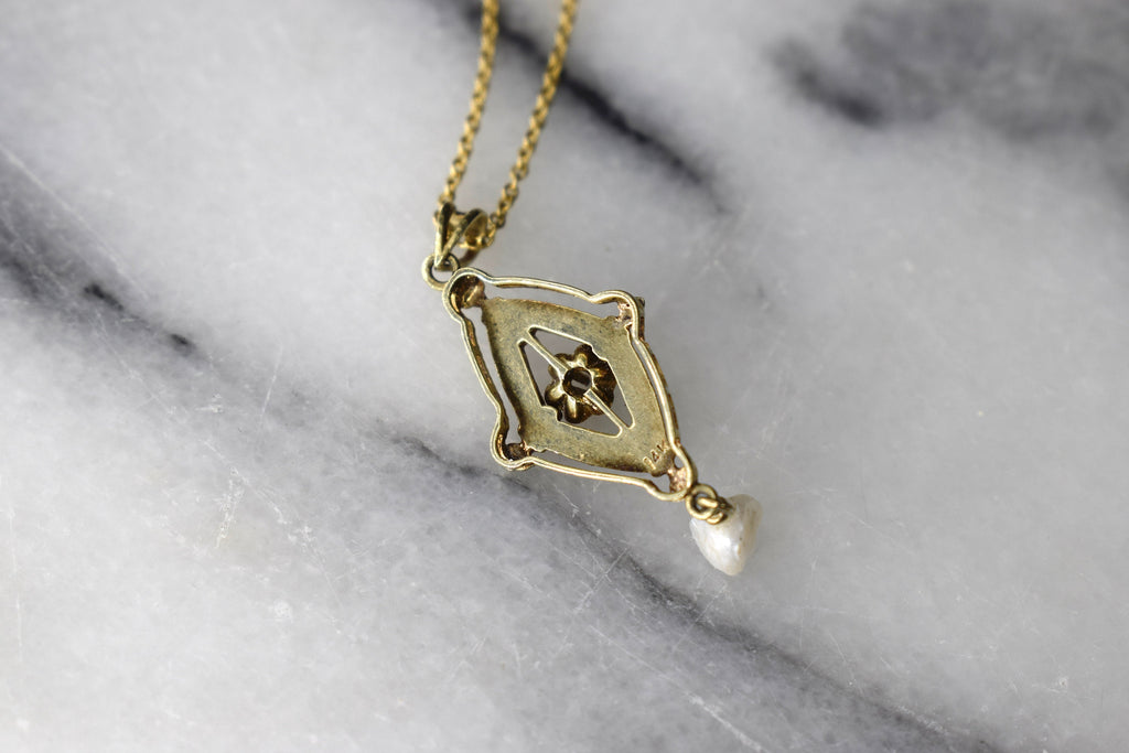 Antique Edwardian 14k Gold Lavaliere Charm with Diamond and Pearl