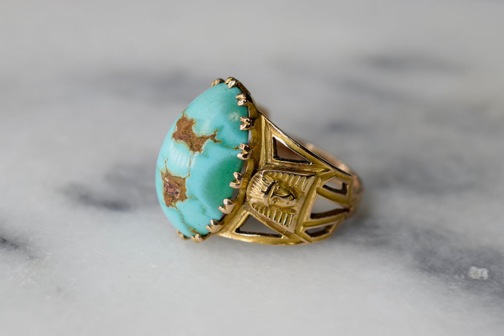 Antique Egyptian Revival 14k Gold Pharaoh Head Turquoise Ring