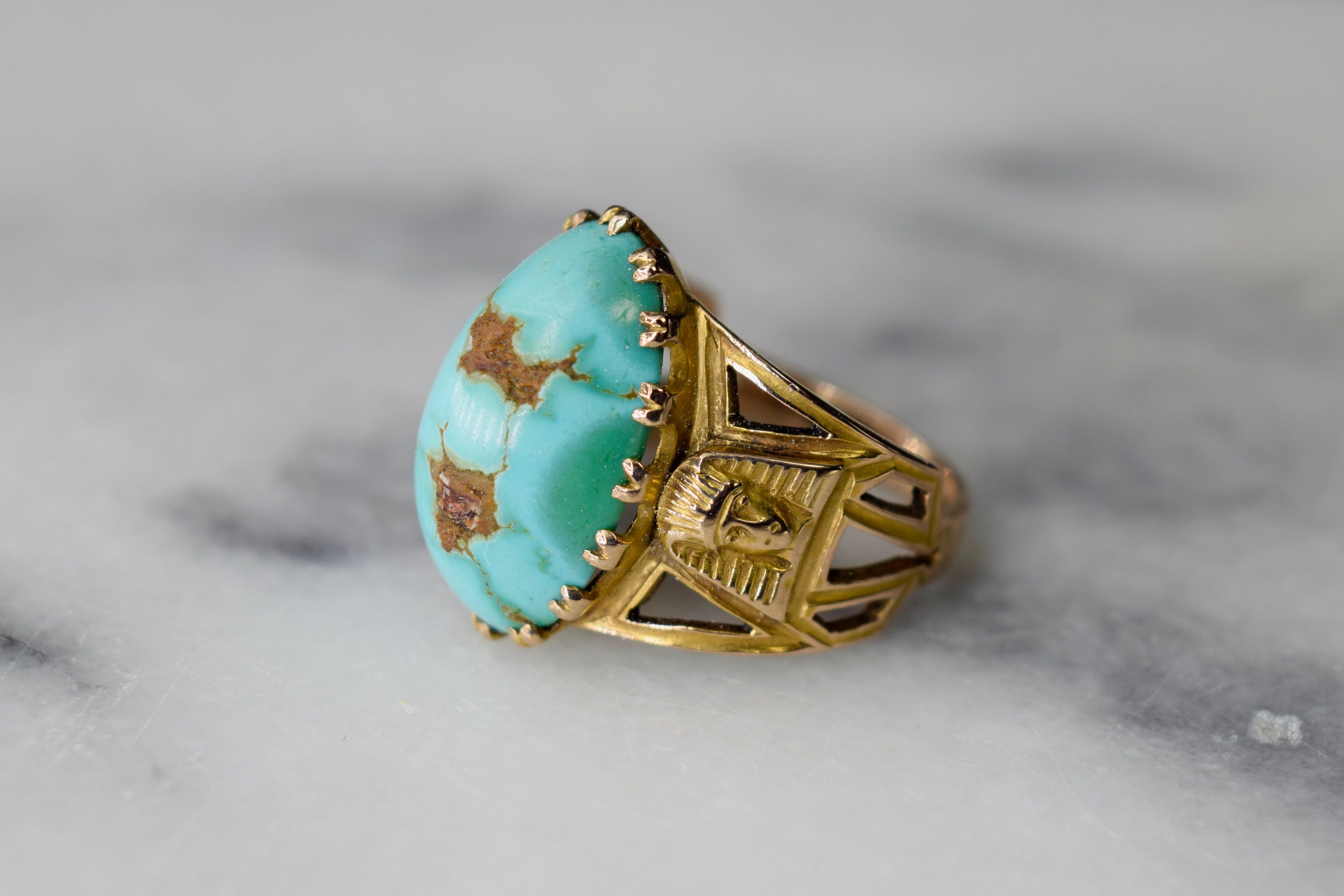 Antique Egyptian Revival 14k Gold Pharaoh Head Turquoise Ring